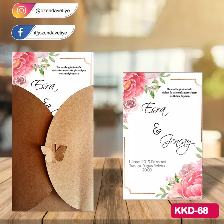 ozen-davetiye-Düğün davetiyesi - Kelebekli Kraft Zarflı Davetiye Model No:68